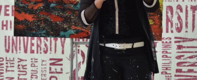 A picture of Ms. Cagandahan, a full-time contemporary visual artist from Paete, Laguna with a degree in Fine Arts from UP Diliman.