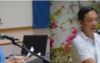 Asst. Prof. Marie-Sol P. Hidalgo (left), master of ceremony for the afternoon program, introduces Hon. Antonio L. Tinio (right).
