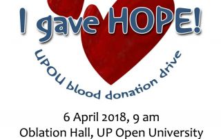 The Faculty of Information and Communication Studies (FICS) and the Office of the Vice Chancellor for Finance and Administration (OVCFA) will be holding the Annual UPOU Blood Donation drive this 6 April 2018 at the UPOU Oblation Hall, Los Banos, Laguna starting 9 o’clock in the morning.