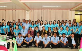 Dr. Melinda Bandalaria, Asst. Prof. Myra Almodiel, and Ms. Shaira Tanay pose with Vice President Dr. Camilo Polinga, Dean Agnes Nuestro, and the rest of the faculty and staff of Cavite State University