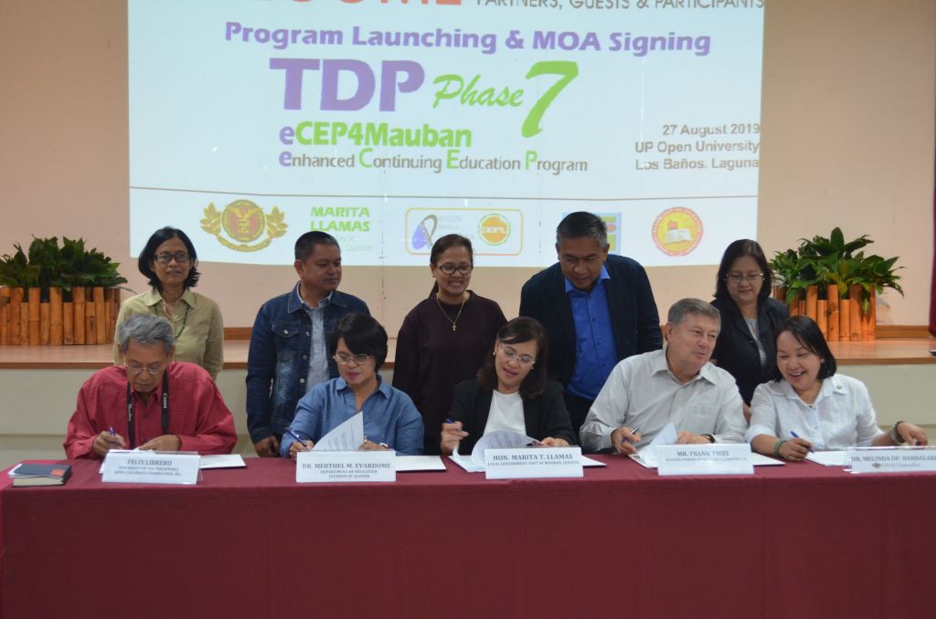 Stakeholders of the Teacher Development Program for Mauban, Quezon signed the Memorandum of Agreement for the implementation of the program’s 7th Phase on 27 August 2019 at the UPOU CCDL Auditorium, Los Banos, Laguna. Stakeholders of the Teacher Development Program for Mauban, Quezon signed the Memorandum of Agreement for the implementation of the program’s 7th Phase on 27 August 2019 at the UPOU CCDL Auditorium, Los Banos, Laguna.