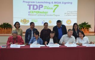 Stakeholders of the Teacher Development Program for Mauban, Quezon signed the Memorandum of Agreement for the implementation of the program’s 7th Phase on 27 August 2019 at the UPOU CCDL Auditorium, Los Banos, Laguna.