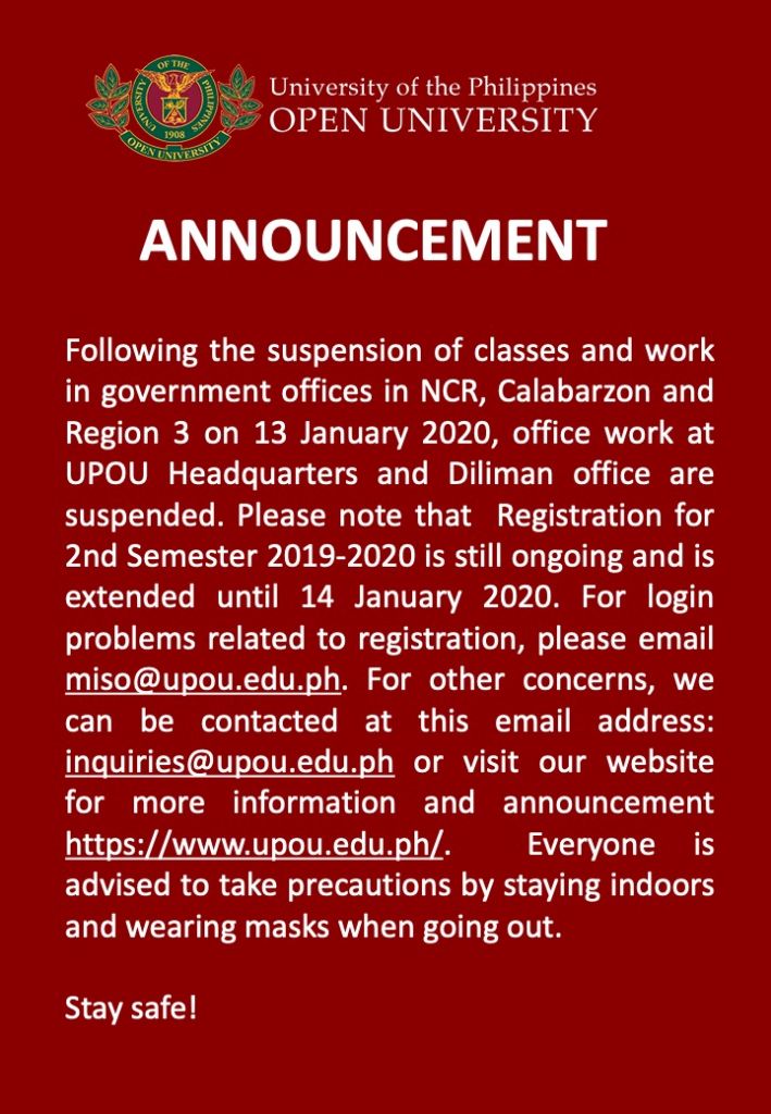 Suspension of Classes and Work on 13 January 2020