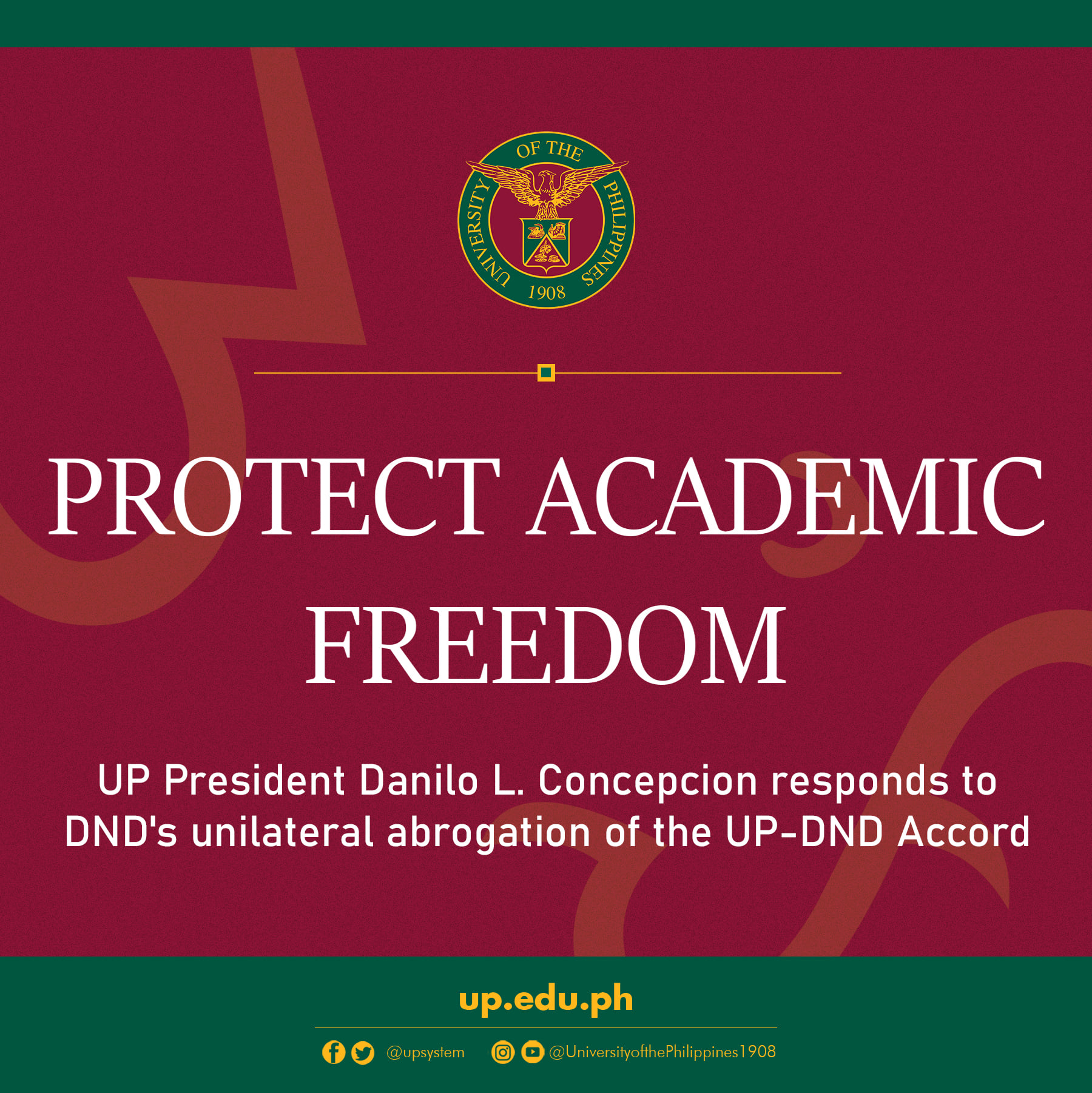 “Protect academic freedom”–UP President Danilo L. Concepcion responds to DND’s unilateral abrogation of the UP-DND Accord