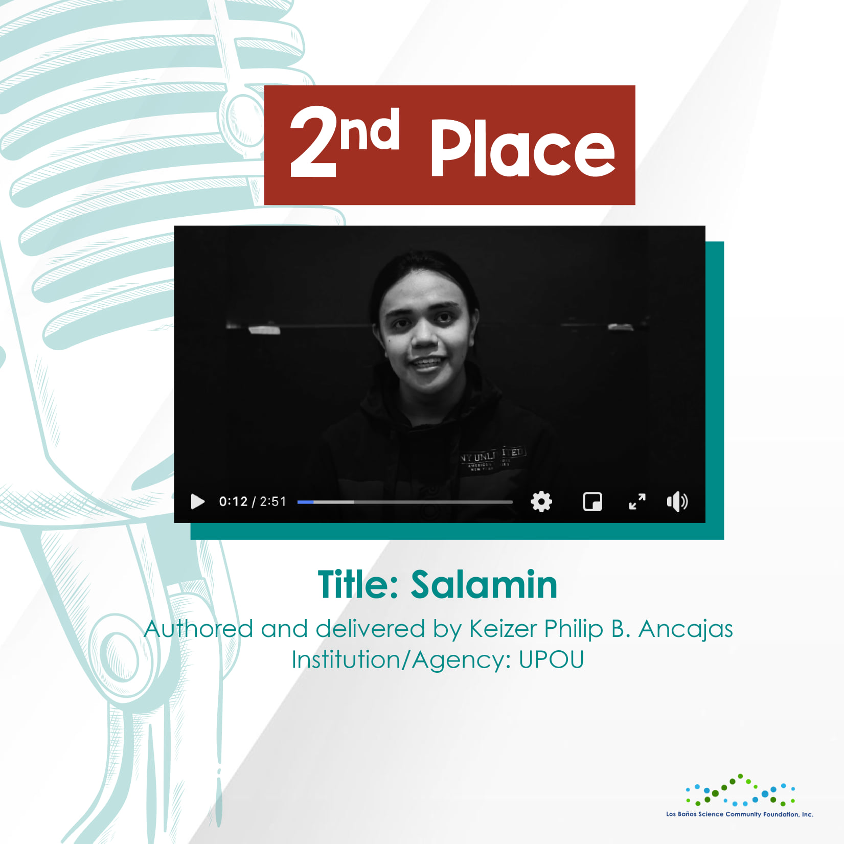 UPOU BAMS Student, Keizer Ancajas, bags 2nd Place in LBSCFI's Spoken Word Poetry Contest. (Photo from Los Baños Science Community Foundation, Inc.)