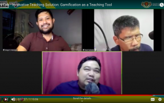 (From Top L): Dr. Diego Maranan, Asst. Prof. Roel Cantada and Asst. Prof. Gian Carlo de Jesus engaged in a lively discussion about gamification as a teaching tool.