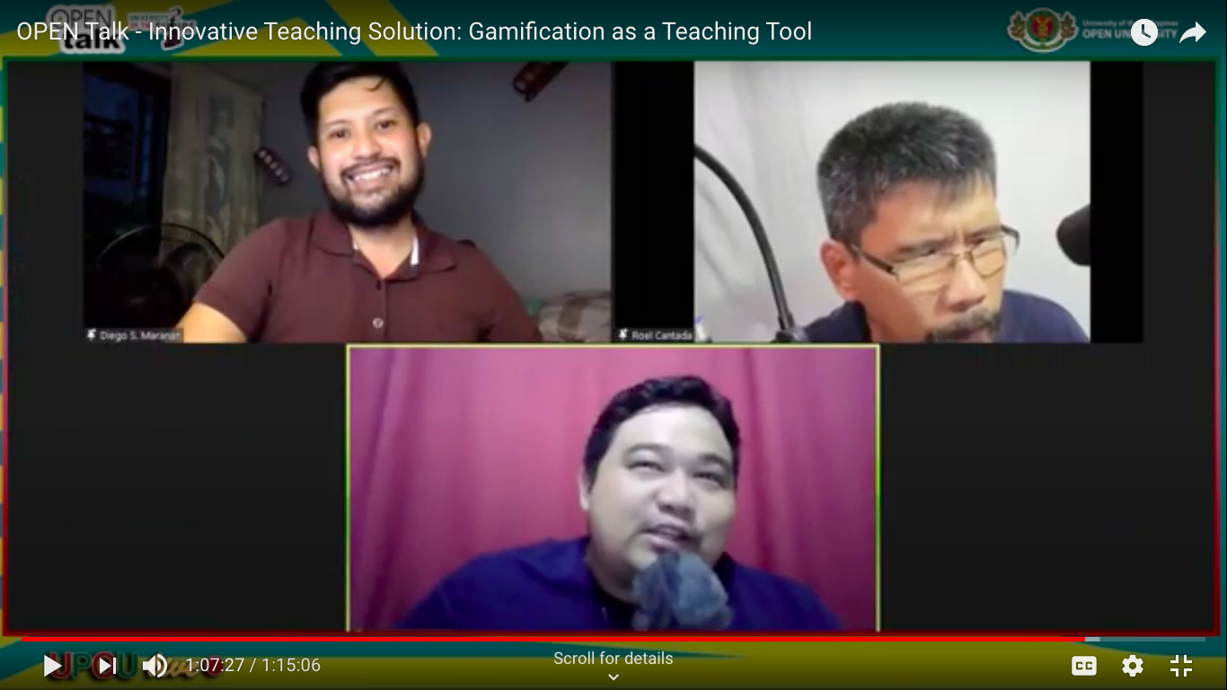 (From Top L): Dr. Diego Maranan, Asst. Prof. Roel Cantada and Asst. Prof. Gian Carlo de Jesus engaged in a lively discussion about gamification as a teaching tool.