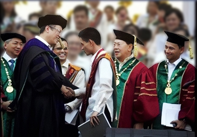 President Benigno Simeon C. Aquino III congratulating UP BS Mathematics summa cum laude graduate John Gabriel Pelias during UP Diliman’s 100th General Commencement Exercises held at the University Ampitheater on April 17, 2011, during which the president was conferred an honorary Doctor of Laws degree. Photo by Gil Nartea / Malacanang Photo Bureau