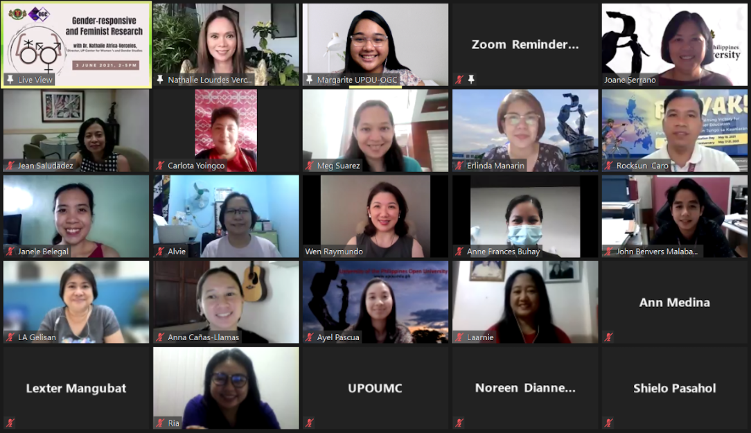 The OGC webinar on Gender-responsive and Feminist Research proper was attended by over 32 UPOU Faculty and Staff, and more than 200 live stream participants. The OGC webinar on Gender-responsive and Feminist Research proper was attended by over 32 UPOU Faculty and Staff, and more than 200 live stream participants.