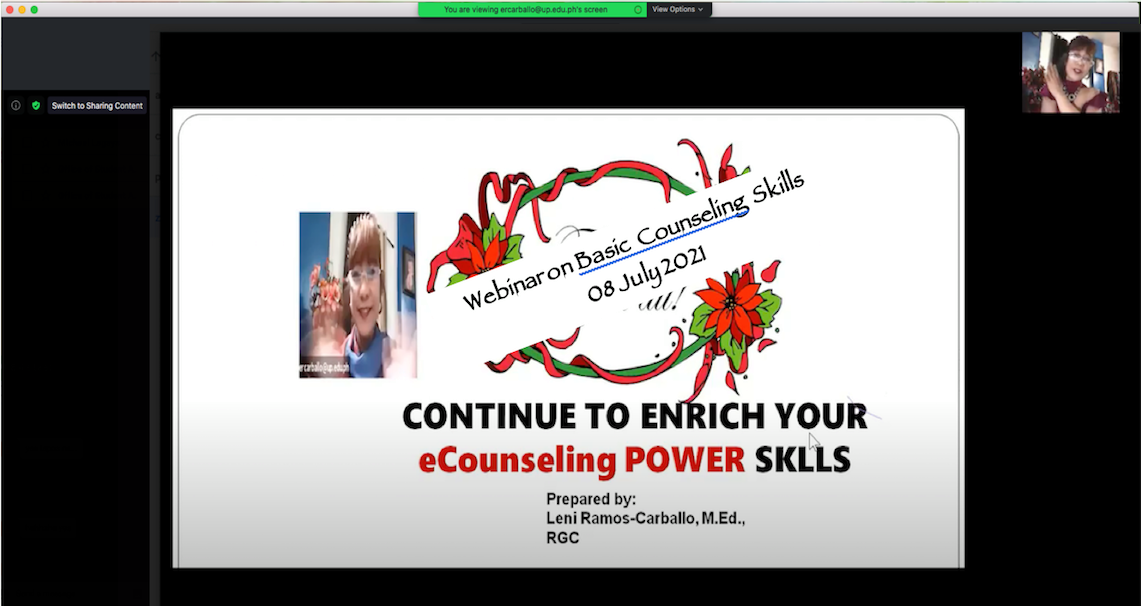 The Webinar on Assessing Student At-Risk (StAR) and Basic Counseling Skills was facilitated by the very able resource person Prof. Eleanor R. Carballo, a Senior Lecturer at the University of the Philippines Manila.