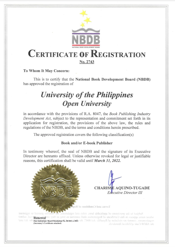 UP Open University renews NBDB Certificate of Registration UP Open University renews NBDB Certificate of Registration