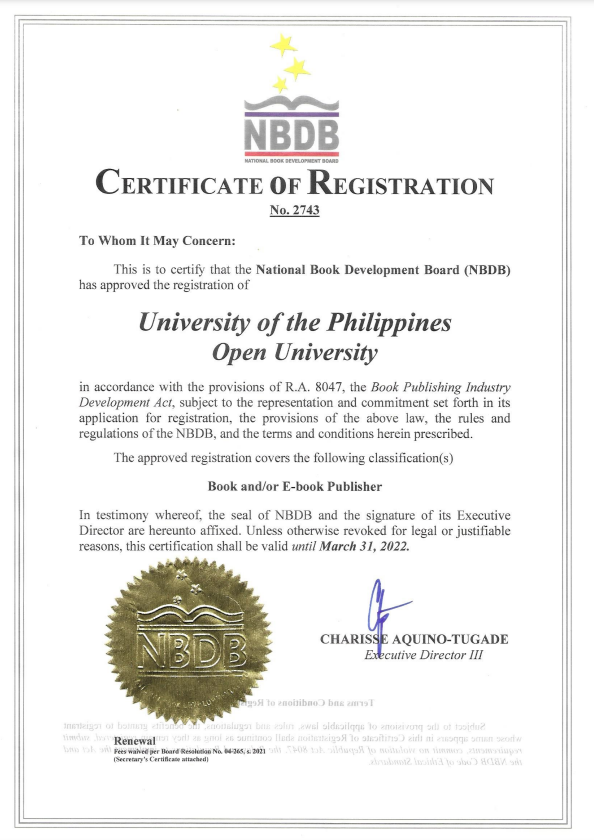 UP Open University renews NBDB Certificate of Registration