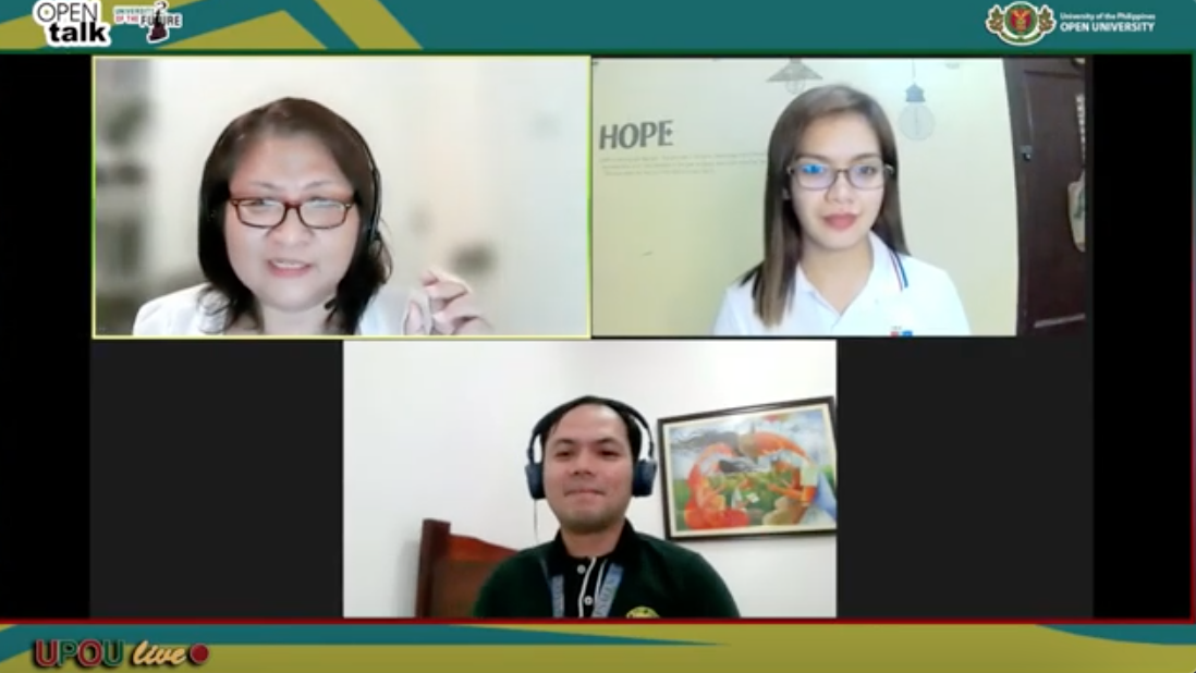 (From upper left) Dr. Maria Mercedes “Ched” E. Arzadon, Ms. Zarah Kristine A. Flores, and Mr. Rejulios M. Villenes shared ALS experiences, best practices, and insights in Open Talk’s Episode 9