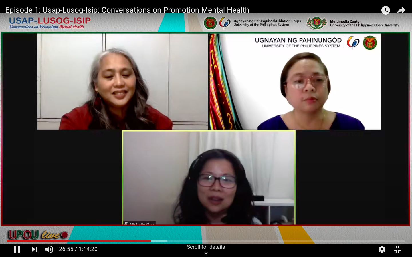 Dr. Dinah Palmera Nadera (left), Assistant Professor Queenie Roxas-Ridulme (right), and Associate Professor Michelle Ong (bottom) engaged in a discussion on promoting and protecting mental health.