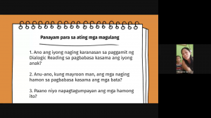 Melanie Karikitan, one of the parent participants, shares her experience during the Sama-sama sa Pagbasa program