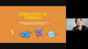 Ms. Genevieve Aguinaldo, Ugnayan ng Pahinungod UPOU volunteer and project proponent, orient the participants of the Sama-Sama sa Pagbasa program