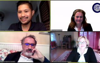 Prof. Dr. Diego Maranan moderates the Q&A forum on Artificial Intelligence - Challenges and Future Directions in Open, Distance, and Online Learning (Clockwise from Top-Left: Prof. Dr. Diego Maranan, Ms. Torunn Gjelsvik, Mr. Colin de la Higuera, and Ms. Barbara Wasson)