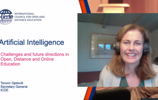 Secretary Torrun-Gjelsvik discussing the developments and challenges on Artificial Intelligence in Open, Distance, and Online Education in ICODeL Plenary Session 3.