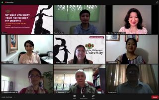 The host and some of the panelists of the UPOU Town Hall Session 2021: (top row, left to right) Mr. Rodolfo Pullian and Dr. Maria Rowena Raymundo; (middle row, left to right) Asst. Prof. Rita Ramos, Director Yasele Irene Angela M. Yambao, and Ms. Laarni Reaño; (bottom row, left to right) Dr. Maripres U. Sarinas, Dr. Alexander Flor, and Dr. Primo Garcia.