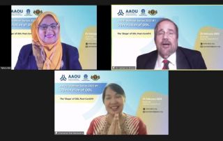 Dr. Tahira Bibi Naushahi (upper left), Dr. James W. Brown (upper right), and Dr. Melinda dela Peña Bandalaria (lower center) answered questions during the Q&A session of the AAOU Webinar Series 2022 #1: (R)evolution of ODL.