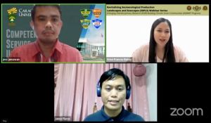 Dr. Jess. H. Jumawan (top left), Ms. Anne Frances Buhay (top right), and Dr. Jabez Joshua M. Flores (center) during the Q&A session of the second episode of the Revitalizing Socioecological Production Landscapes and Seascapes (SEPLS) Webinar Series.