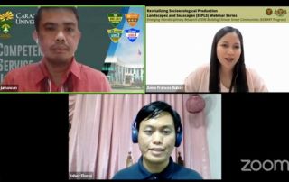 Dr. Jess. H. Jumawan (top left), Ms. Anne Frances Buhay (top right), and Dr. Jabez Joshua M. Flores (center) during the Q&A session of the second episode of the Revitalizing Socioecological Production Landscapes and Seascapes (SEPLS) Webinar Series.