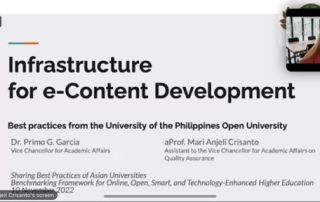 Assistant Prof. Mari Angeli Crisanto, Assistant to the Vice Chancellor for Academic Affairs on Quality Assurance, they presented the Infrastructure for e-Content Development: Best practices from the UPOU.