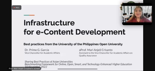Assistant Prof. Mari Angeli Crisanto, Assistant to the Vice Chancellor for Academic Affairs on Quality Assurance, they presented the Infrastructure for e-Content Development: Best practices from the UPOU.