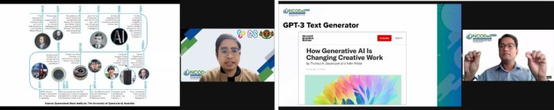 Asst. Prof. Gabriel Sampedro discussing the milestones of the internet up until the development of AI (left) and Dr. Vladimir Mariano showing an article on how generative AI impacts creativity (right).