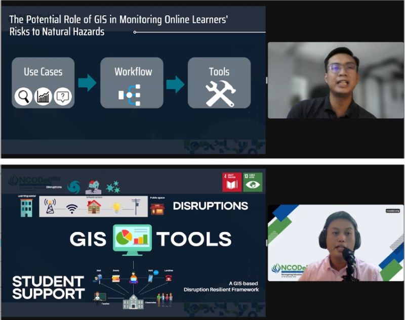 Dean Ricardo Bagarinao presenting the spatial distribution of online learners by risks to typhoon (top); Dr. Anton Domini Sta. Cruz discussing the different potential roles of GIS in online learners’ monitoring (middle); and Dr. Jabez Joshua Flores showing a GIS-based framework for disruption resilience.