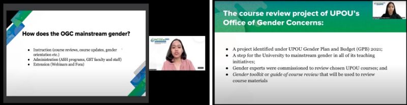 Ms. Gelyzza Marie Diaz citing the ways of mainstreaming gender of OGC (left) and Ms. Denise Therese Anne Palisoc discussing the course review program of OGC (right).