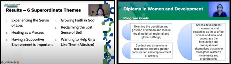 Asst. Prof. Maria Lourdes Jarabe showing results of her research study (left) and Ms. Rosalie Galang presenting the goals of the Diploma in Women and Development program.