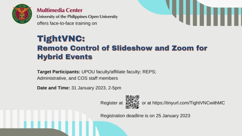 The UP Open University (UPOU) Multimedia Center (MC) conducted a training program for UPOU employees entitled "TightVNC: Remote Control of Slideshow and Zoom for Hybrid Events.” 