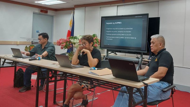 The resource persons for the event, from left, are AUPWU National Executive Board members, namely, Jossel Ebesate, National President; Connie Marquina, National Vice President; and Clodualdo “Buboy” Cabrera, AUPWU-Diliman Chapter President.