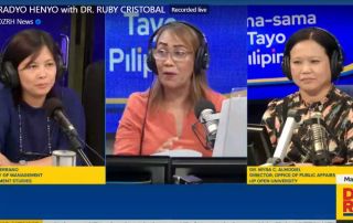 Dr. Joane Serrano and Dr. Myra Almodiel were guests interviewees on DZRH's Radyo Henyo with Dr. Ruby Cristobal as host (center).