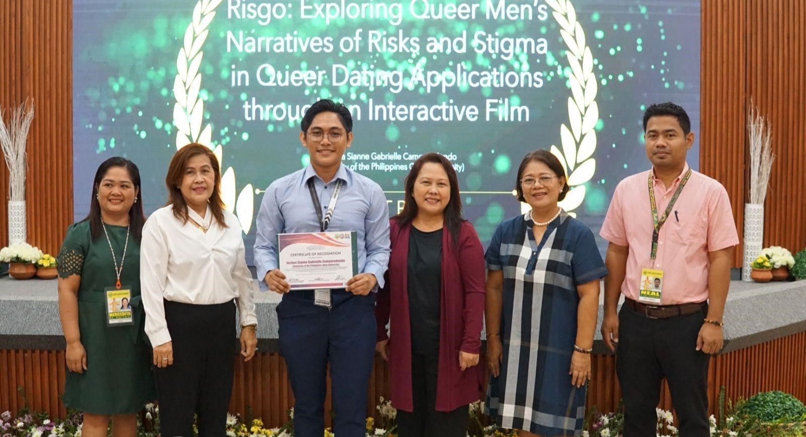 From L-R: Dr. Mercedita M. Reyes (Chair, GAD Research Congress Steering Committee), Dr. Ravelina R. Velasco (CLSU Vice President for Academic Affairs), Mr. Joshua Sianne Gabrielle Camporedondo (UPOU-BAMS student), Dr. Emely Amoloza (Camporedondo’s Adviser and UPOU-BAMS Program Chair), Prof. Janet O. Saturno (Director, CLSU Gender and Development Office/GAD Core Group Coordinator), Mr. Neal Del A. Rosario (CLAARRDEC Director)