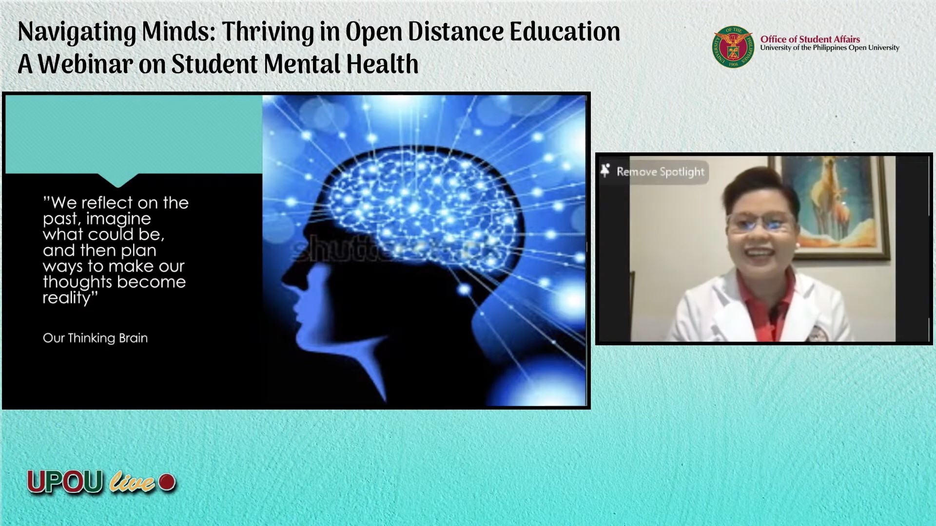 Dr. Jenny Lyn B. Casano served as the resource speaker for the webinar titled "Navigating Minds: Thriving in Open Distance Education – A Webinar on Student Mental Health."