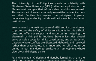 Statement of UP President Angelo A. Jimenez on the Bombing of Mindanao State University- Marawi