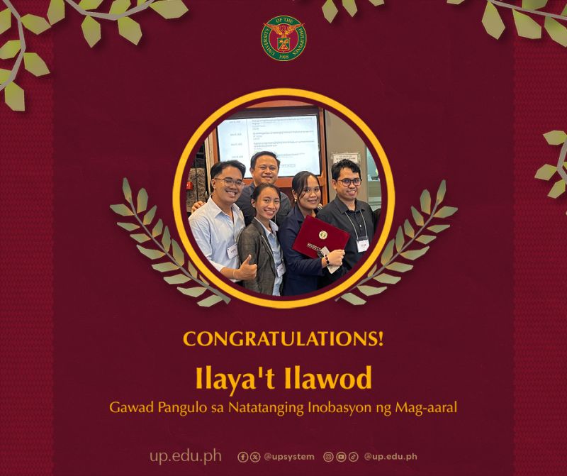 Ilaya’t Ilawod, a collaborative innovation by students from UP Visayas and UPOU. The team includes Czar Ian Esquivel, a Master of Development Communication student from UPOU, alongside UP Visayas students Ande Bryle Genciana, Lyny Giovy Cainglet, and Aienna Faith Guerra. They were mentored by Dr. Sanny David Lumayno and Asst. Prof. Fredson Huervana of UP Visayas.
