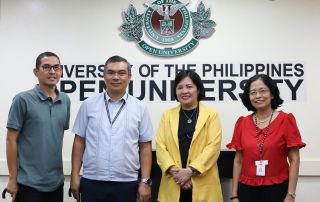 (L-R): IRRI Deputy Director General Junel Soriano and Community Relations and Engagement Manager Teodoro Correa, Jr. with UPOU Chancellor Joane V. Serrano and UPOU Vice Chancellor for Finance and Administration Jean A. Saludadez.