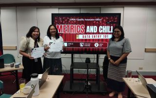 Awarding of certificates to the speakers (from L-R: SPMO Chief Rhonna Marie Verena, Asst. Prof. Margaret Jarmin- Suarez, and QAO Director Ria Valerie Cabanes)