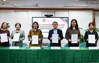 From left: Ms. Kelly Kathlene Ko, Program Officer, JPM; Ms. Yuiko Shigematsu, Assistant Director, JFM; Dr. Joane V. Serrano, UPOU Chancellor; Mr. Tsutomu “Ben” Suzuki, Director, JFM; Dr. Aurora V. Lacaste, UPOU Vice Chancellor for Academic Affairs (VCAA); and Ms. Hiroko Nishida, Executive Director of Kamenori Foundation.