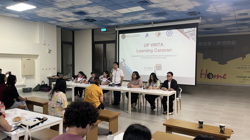 Chancellor Joane Serrano, together with Asst. Prof. Lorena Jean Saludadez, Ms. Zenaida Ramos of OWWA Kaohsiung, Lab. Att. David Des Dicang of MECO-MWO Kaohsiung, Dean Charisse Reyes, Ms. Kathy Yang of DMW-MWO, Asst. Prof. Lloyd Lyndel Simporios, in Nanzih Kaohsiung, Taiwan for the UP VINTA Learning Caravan.