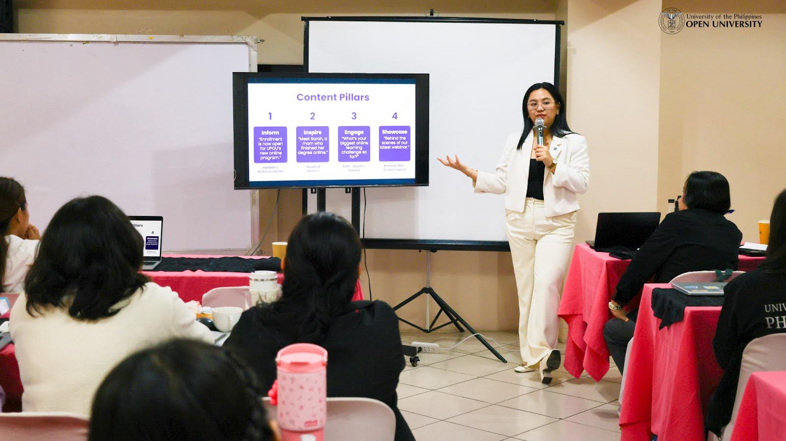 Ms. Kate Marquez lectures on the content pillars during the first day of the social media enablement training.