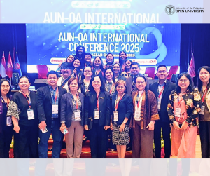 Asst. Prof. Ria Valerie Cabanes, Director of the UPOU Quality Assurance Office (second from front right), and Assoc. Prof. Aurora Lacaste, UPOU Vice Chancellor for Academic Affairs (first from front right), along with Prof. Alyssa Peleo-Alampay, Assistant Vice President for Academic Affairs (Quality Assurance) for the UP System (front center), and other UP System delegates, at the AUN-QA International Conference 2025 held at Universiti Malaya. Photo from UP Mindanao.