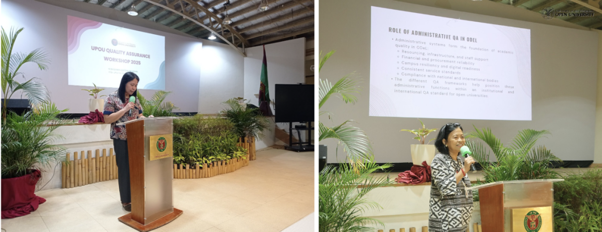 Assoc. Prof. Aurora V. Lacaste, VCAA (left), and Prof. Jean A. Saludadez, VCFA (right), share insights on academic and administrative quality assurance perspective at UPOU.