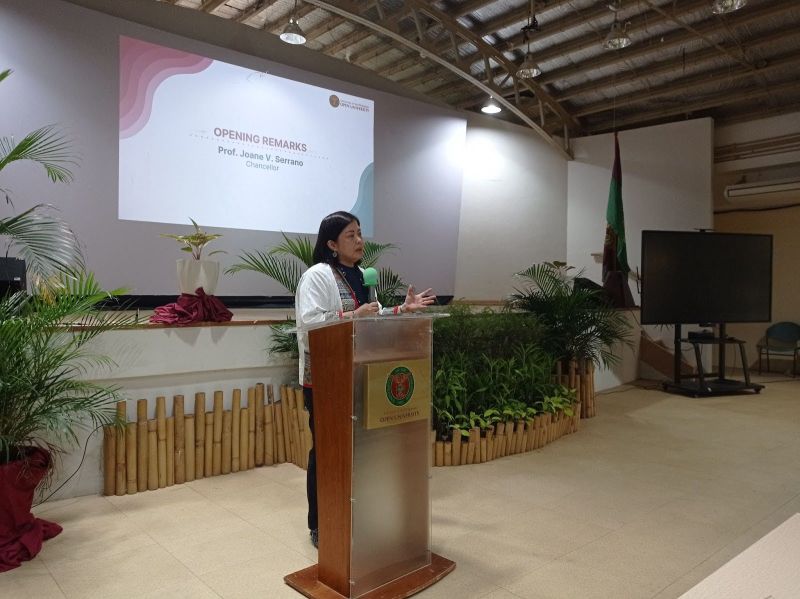 Chancellor Joane V. Serrano delivers her opening remarks during the UPOU QA Workshop