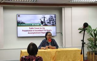 Dr. Charisse T. Reyes answers questions during the presentation of the accomplishments of the Faculty of Education (FEd) during her term.