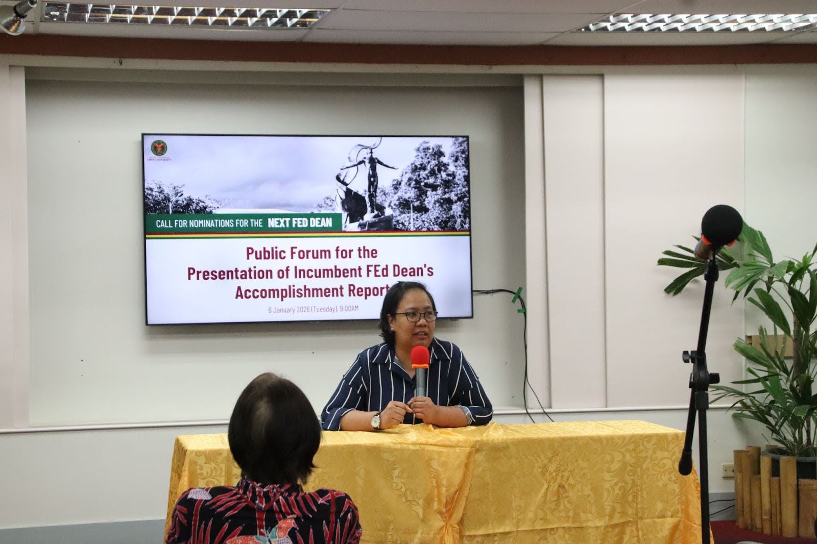 Dr. Charisse T. Reyes answers questions during the presentation of the accomplishments of the Faculty of Education (FEd) during her term.