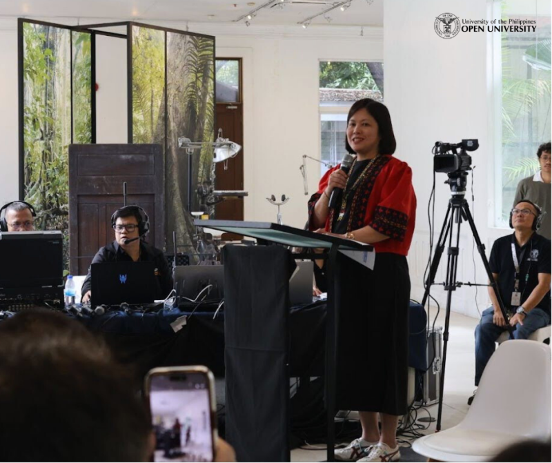 Chancellor Joane V. Serrano opens the ceremony with a speech about sustainability. Photo courtesy of UPOU Office of Public Affairs
